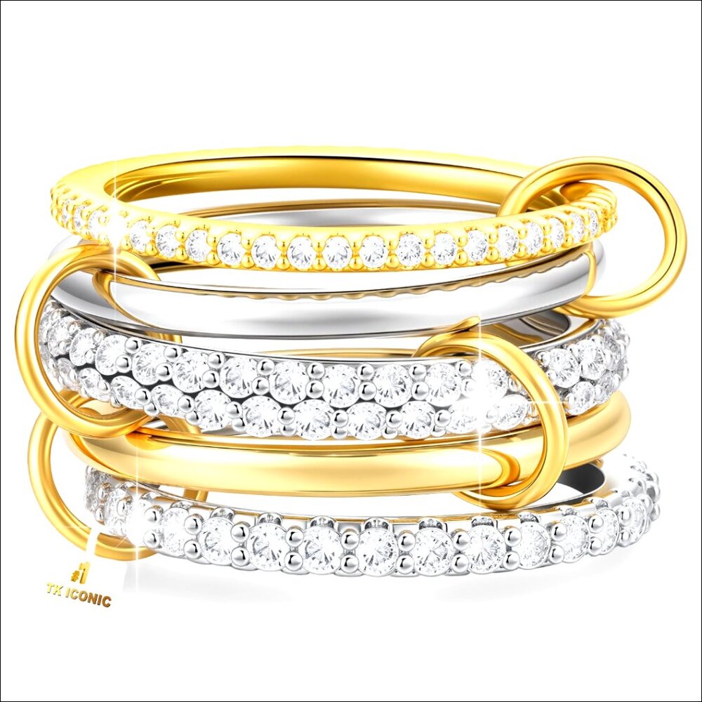 18k Gold Plated Stackable Ring Set, Size 8, Cubic… - image 1
